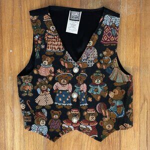 Vintage Girls Teddy Bear Vest Tapestry 1990s Size 6X Pearl & Gold-tone Buttons